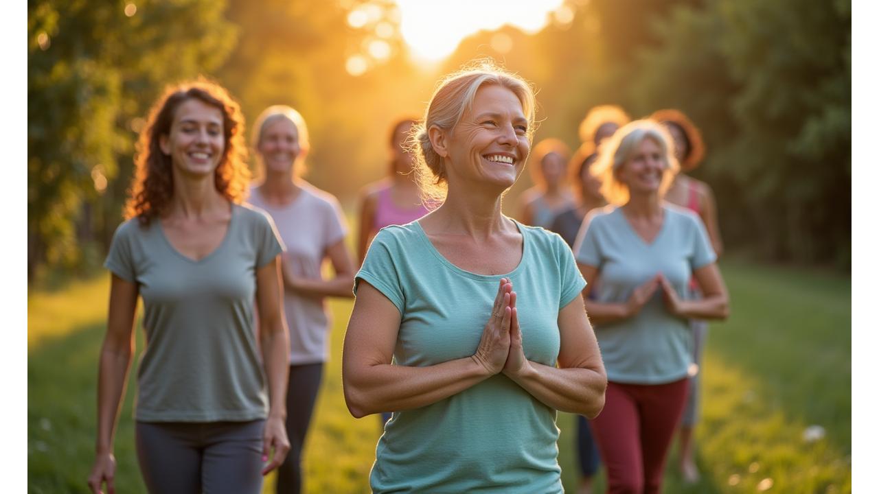 Diverse group of adults over 35 engaged in a balanced wellness activity like yoga or outdoor walking with a friendly instructor, symbolizing community and expert guidance.