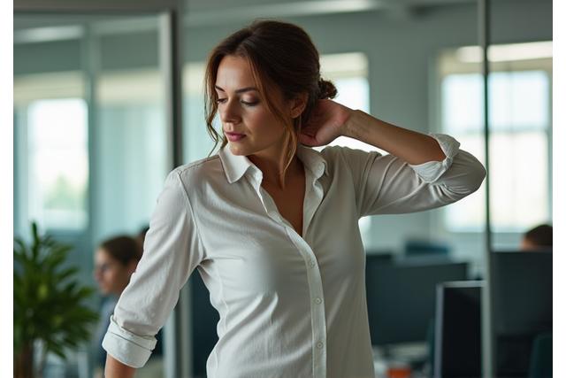 A professional doing subtle desk stretches in an office environment, promoting office wellness.