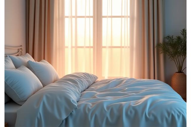 A serene bedroom at dawn, representing improved sleep patterns.