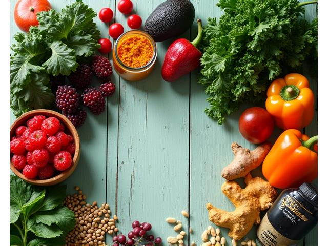 Vibrant array of functional foods like berries, leafy greens, nuts, and fermented foods on a wooden table, emphasizing healthy eating.