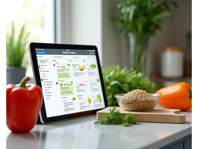 A tablet displaying a personalized meal plan alongside fresh, healthy ingredients on a kitchen counter, suggesting ease and customization.