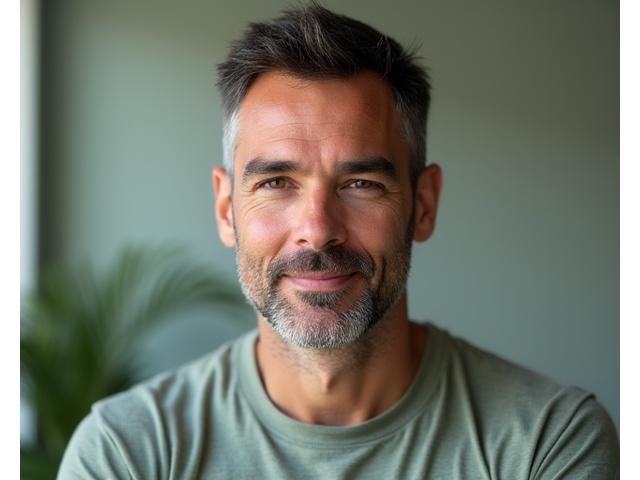 Portrait of Marcus Thorne, a calm and insightful man, stress management coach by profession.