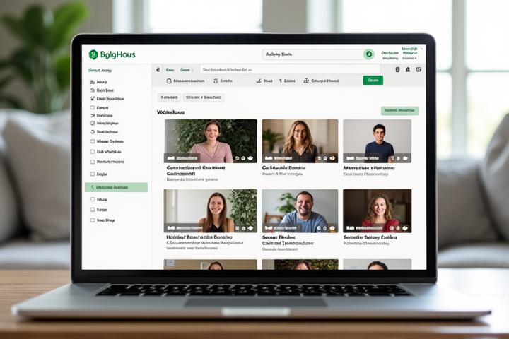 A user interface showing a library of recorded wellness workshops, with video thumbnails and search bar.