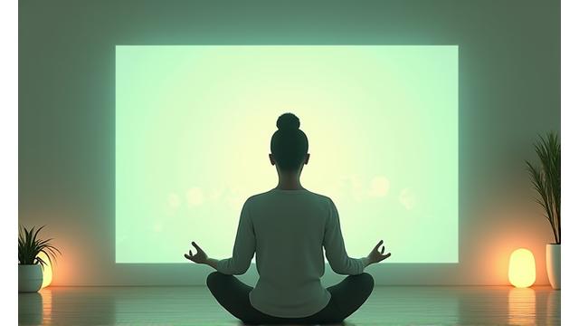 Stress reduction workshop featuring a peaceful woman meditating in a clear, digital setting.