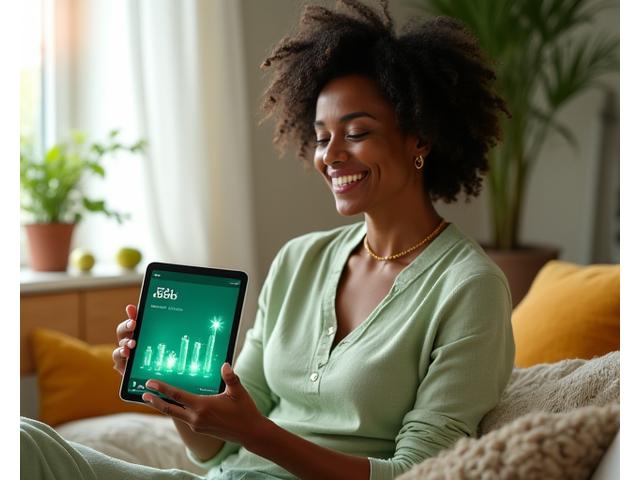 A woman in her late 40s smiling confidently while looking at a tablet showing a personalized wellness plan, surrounded by vibrant, fresh fruits and a meditation cushion. There are subtle graphical overlays representing data points and progress, emphasizing customization and progress.