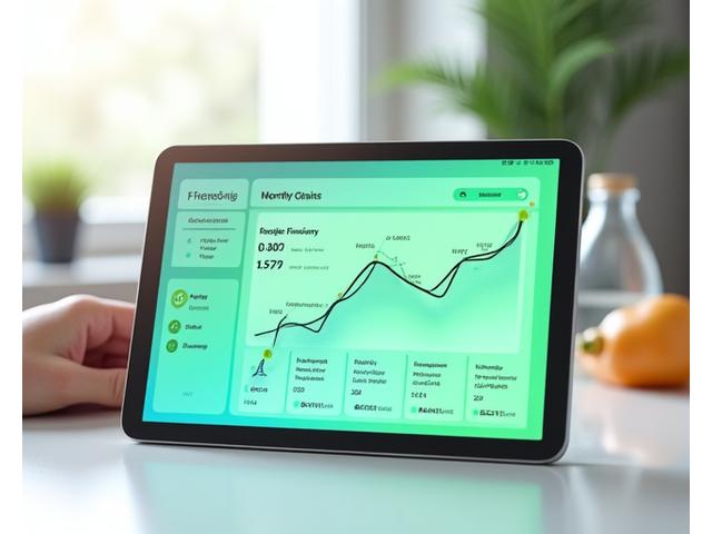 A vibrant dashboard visualising fitness progress with charts for strength, mobility, and energy levels over time, displayed on a tablet or computer screen.